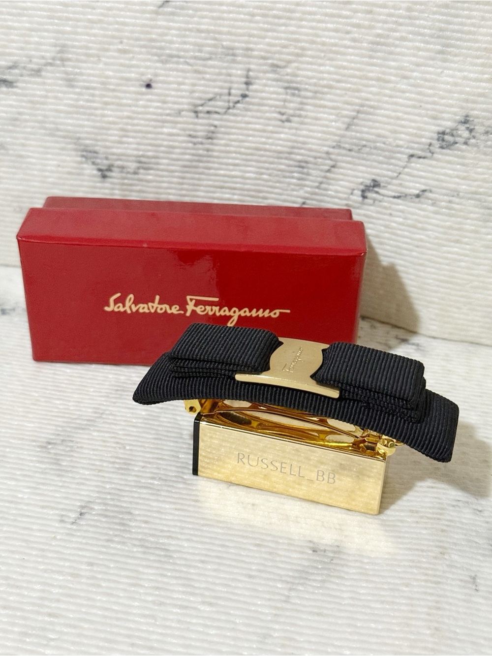 Salvatore Ferragamo Black Grosgrain Bow Hair Clip with Gold Plaque - Picture 3 of 11